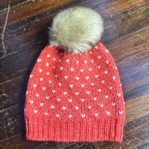 Aerie Pink w/ White Hearts Wool Blend Knit Beanie Faux Fur Pom-Pom Winter Hat